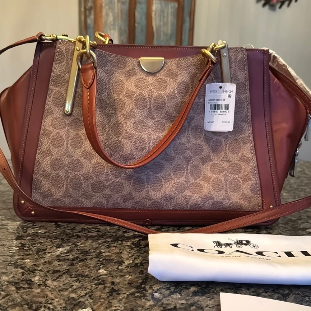 Coach Brown leather and Tan coated canvas Satchel with Structured Design NWT